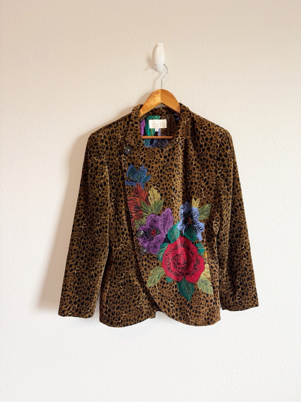 Cache Vintage Leopard Floral Mix Print Velvet Blazer Jacket Size Large